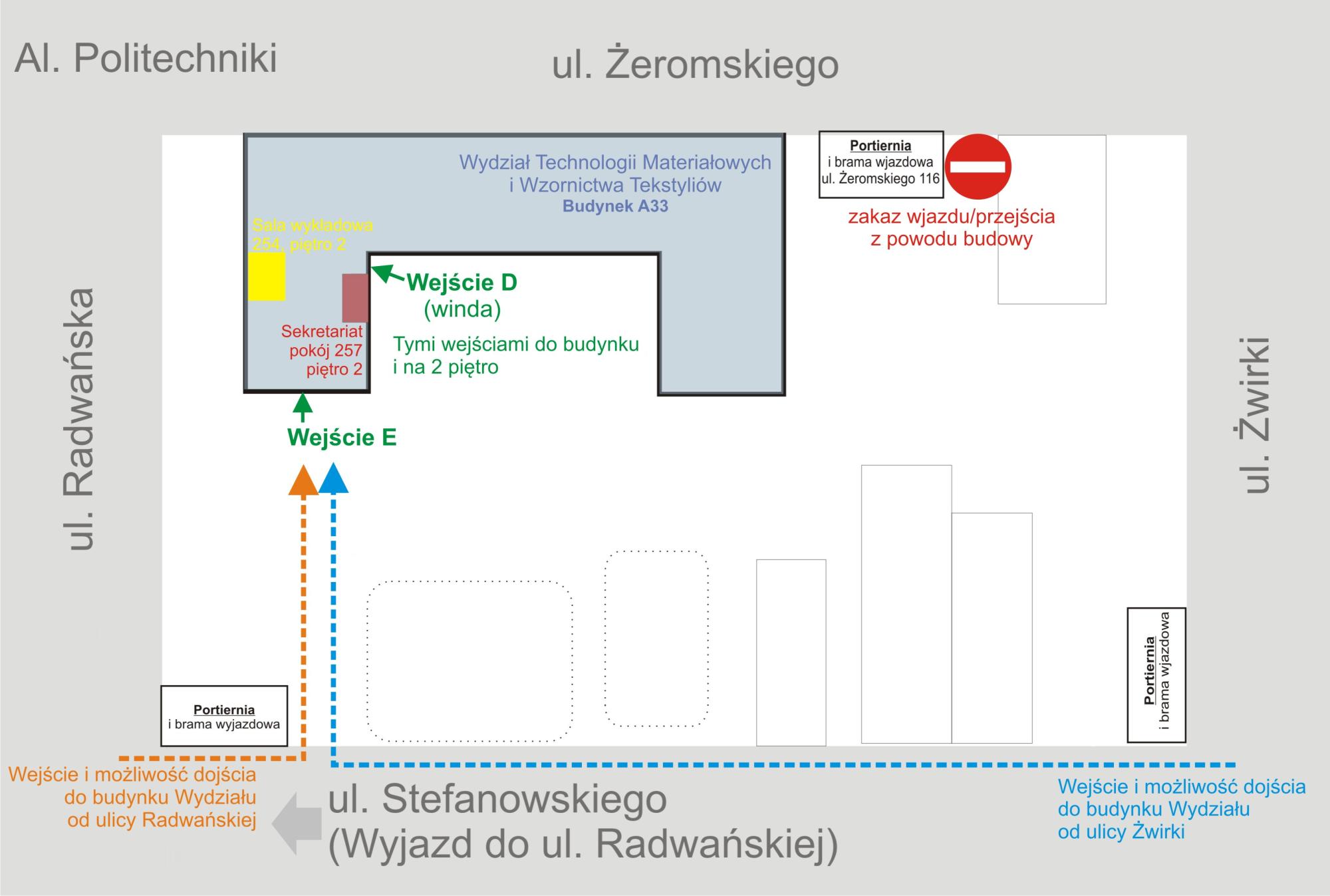 Mapa dojścia do sekretariatu po terenie Politechniki